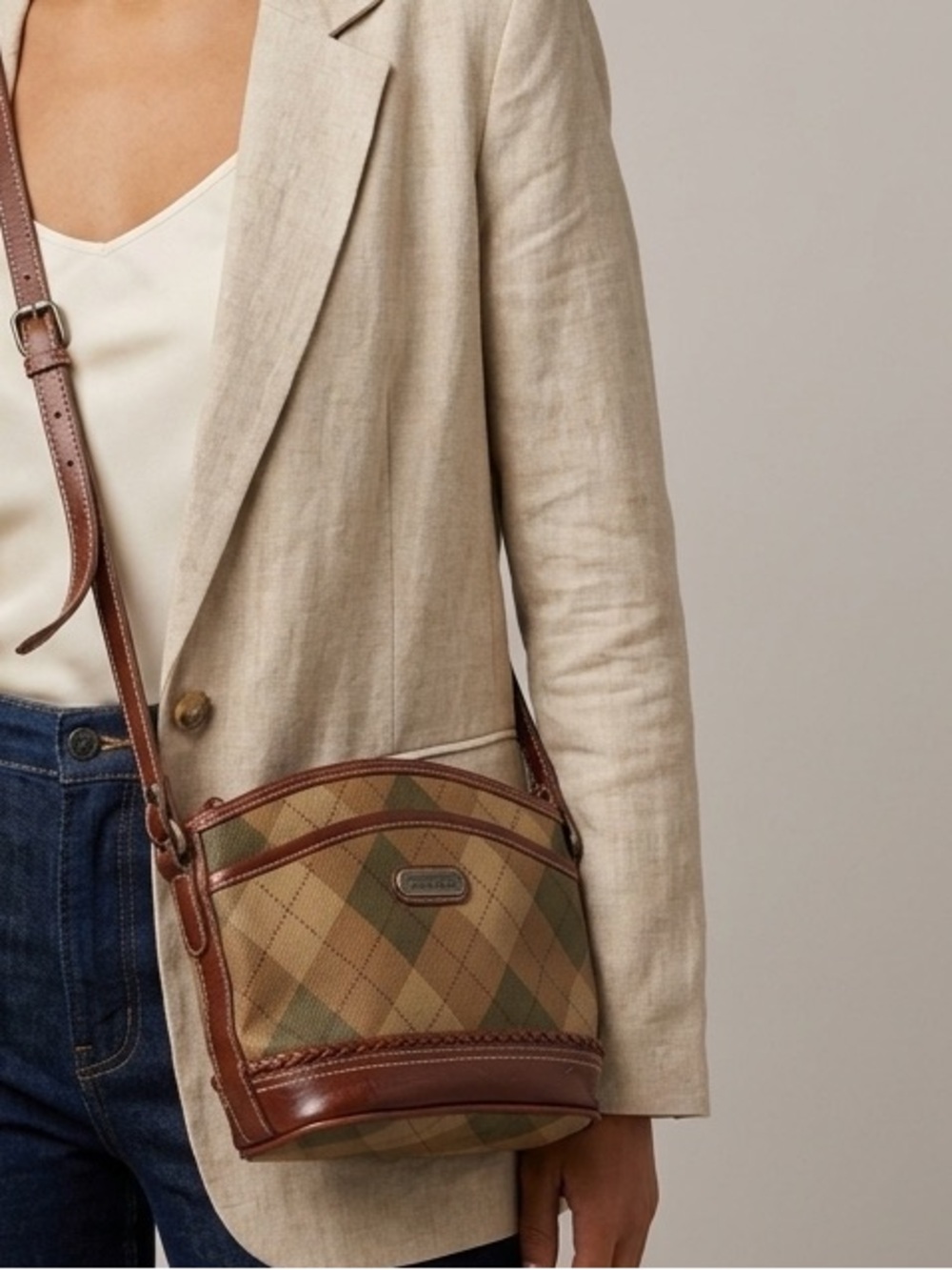 Carryland Brown and Olive Argyle Vintage Crossbody Bag with Brown LeatherTrim